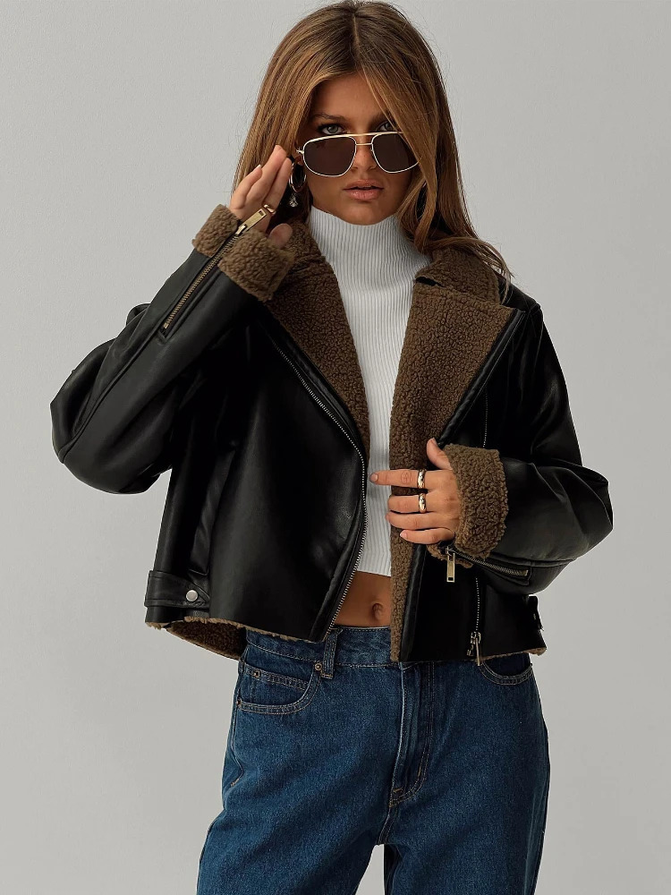 ZBZA Women PU Leather Locomotive Jacket Thicken Long Sleeves Lapel Oblique Zip Pocket Warm Outerwear Winter Female Fashion Coat 241216