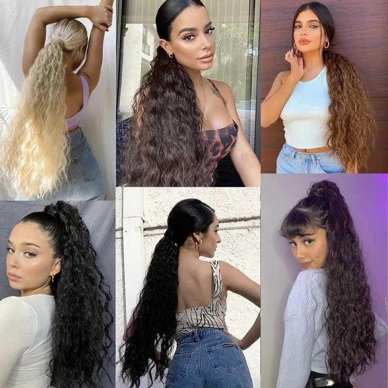 24Inch Synthetic Long Kinky Curly Ponytail Wrap Around Clip in Hair Extension Black Brown Hairpiece for WomenXJ241221