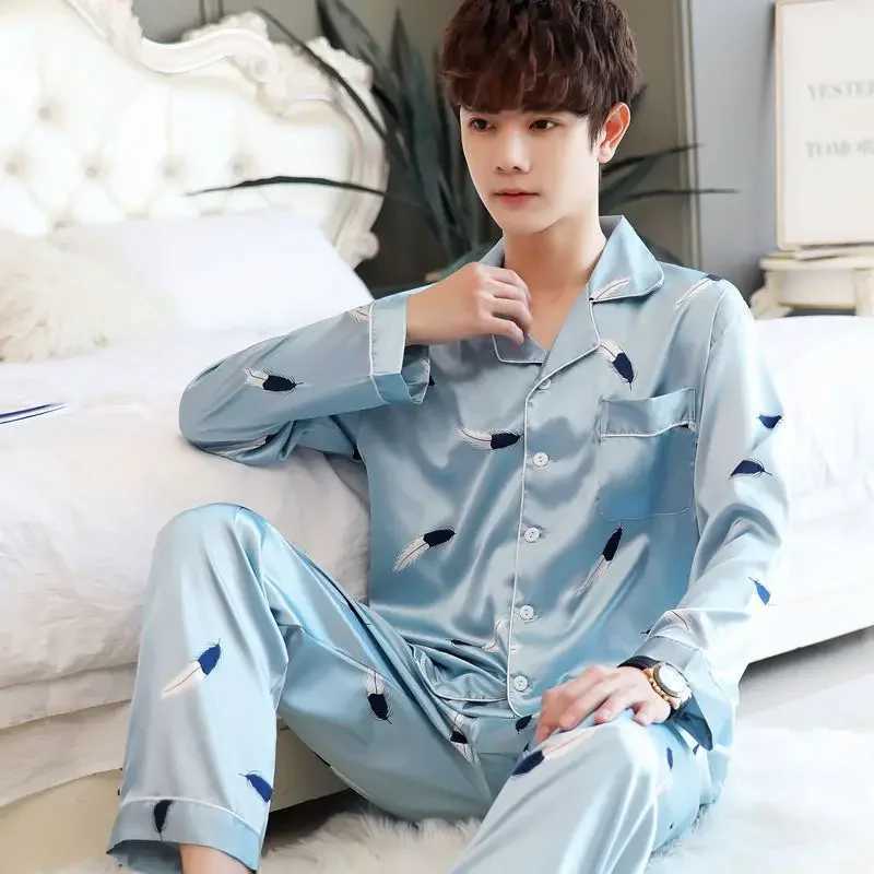 Luxury brand silk sleepwear mens long sleeved button up shirt long pants sleepwear set home casual wear Korean style loose sleepwear new W241221