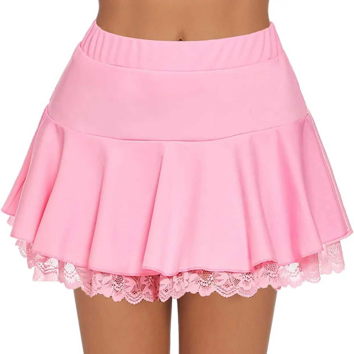 Womens Pleated Mini Skirt High Elastic Waist Lace Ruffles Short Skirt Party Street Sports Flared A-Line Skirts Solid ColorXJ241221