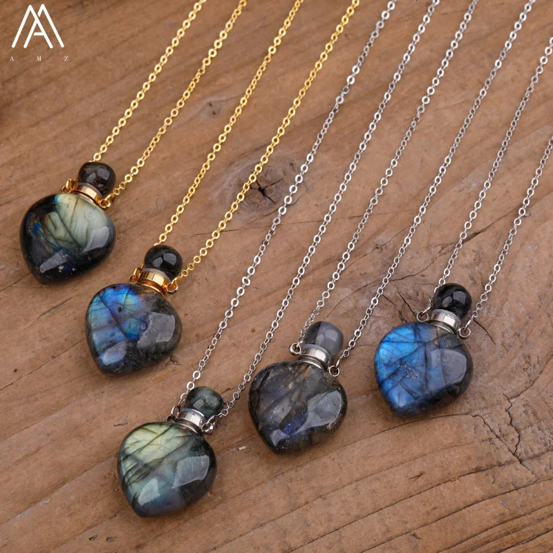 Fashion Women Heart Stone Essential Oil Pendant Necklace Roses Amethysts Quartz Perfume Bottle Necklace Jewelry Gift Dropship 241220
