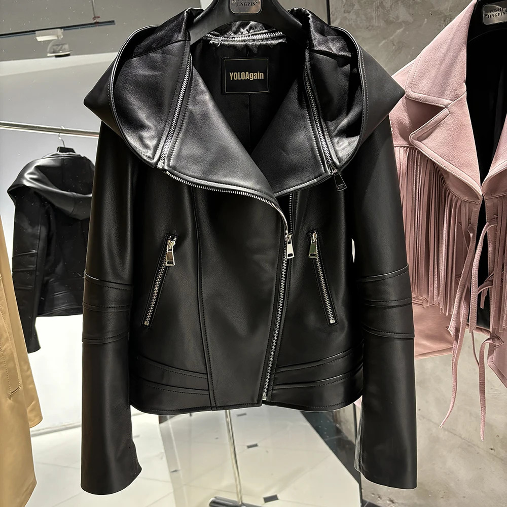 YOLOAgain Women Real Leather Jacket With Hood Genuine Sheepskin Coat 241216