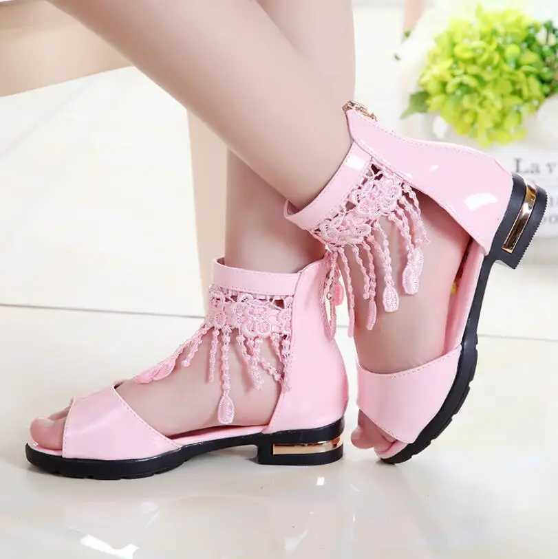 Sneakers 3 5 9 10 12 Year Childrens Bow Sandals Childrens Summer Cute Sandals Beach 2021 Princess Fashion High Heels Tassel School Shoes H241221