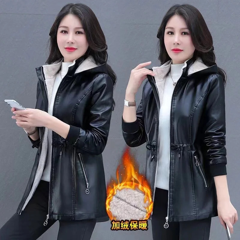 Autumn Winter Jackets Plus Velvet Womens Leather Coat Black Green Hooded Fashion Outwear Zipper Thick Warm Short Jacket 241216