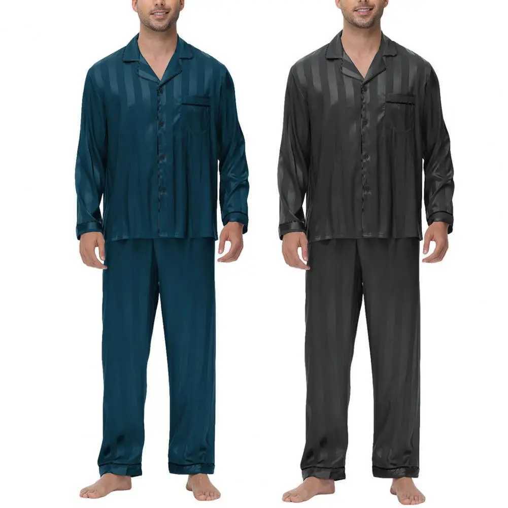 2-piece/set silk satin mens sleepwear set buttoned sleepwear top chest pocket long pants set comfortable sleepwear W241221
