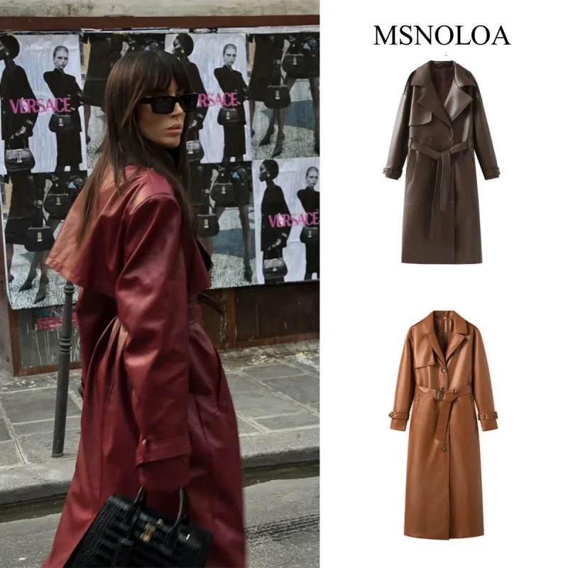 Women Fashion with Belt Long Style Single Breasted Faux Leather Coat Vintage Sleeve Pockets Female Outerwear 241216
