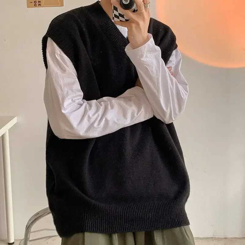 Plain Sleeveless Knitted Sweaters for Men Solid Color Man Clothes Waistcoat V Neck Vest White A Thick Winter Korean Autumn BaggyXJ241221