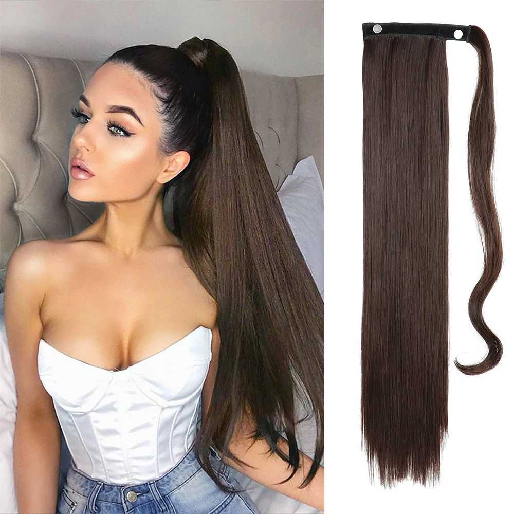 Synthetic Hair Ponytail Extension Hairpiece Clip In Wrap Around Ponytail Long Straight Black Blonde Brown HairstyleXJ241221
