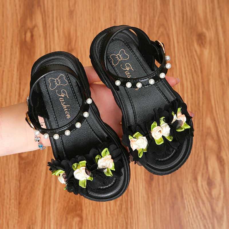 Sneakers Childrens Sandals Summer Princess Lace Bow 2024 New Girls High Heels Little Girls Soft Sole Sandals Black Pink H241221