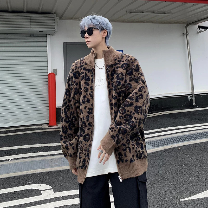 Fall Retro Leopard Knit Cardigan Sweater Mens Jacket Korean Streetwear Zipper Long Sleeve Knitwear Unisex Outwear 241220