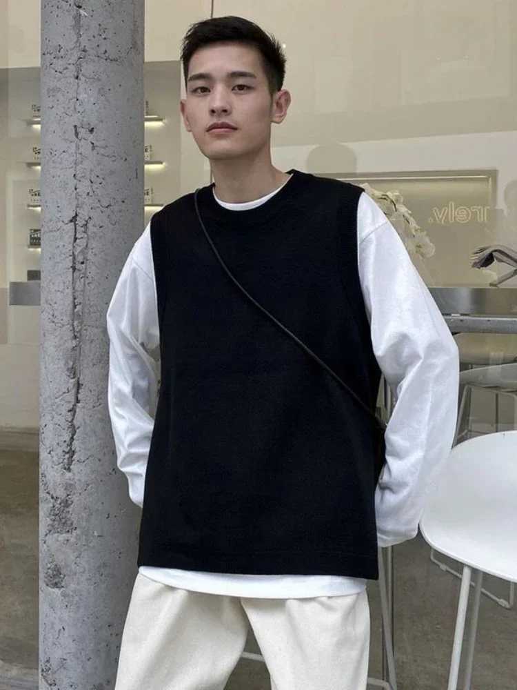 Knit Sweater Male Solid Color Plain Slit Mens Clothing Black Vest Waistcoat Sleeveless Korean Autumn Clothes Winter 2024 A NeckXJ241221