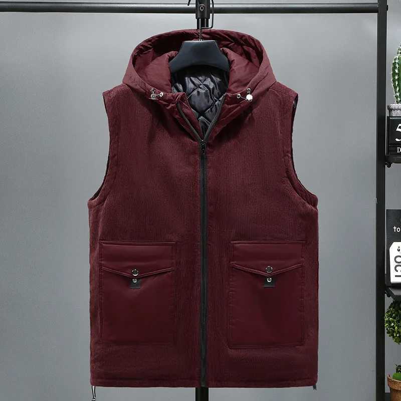 New Large Big Size Men Cotton Padded Vest Hooded Autumn Thermal Sleeveless Jacket Male Warm Corduroy Waistcoat Winter SweatshirtXJ241221