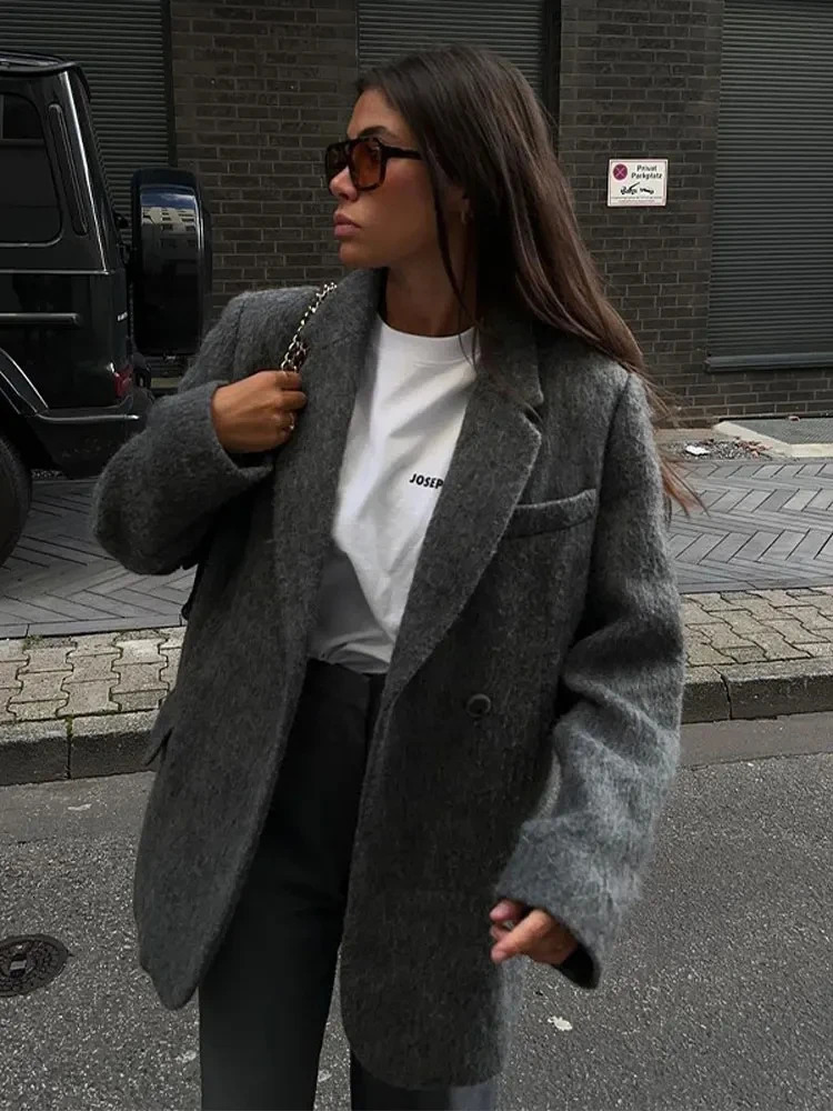 Retro Woolen Button Suit Coats Women Casual Loose Turndown Collar Gray Coat Lady Autumn Winter Classic Elegant Street Outwear 241216