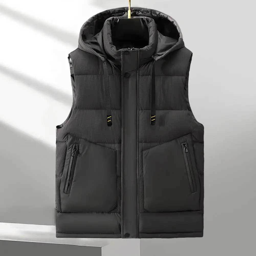 Autumn Winter Men Waistcoat Thick Padded Hooded Solid Color Sleeveless Cardigan Vest Windproof Pockets Drawstring Men Vest CoatXJ241221
