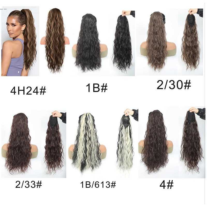 22Inch Long Synthetic Water Wave Curly Ponytail Drawstring Clip in Hair Natural color Extension for WomenXJ241221