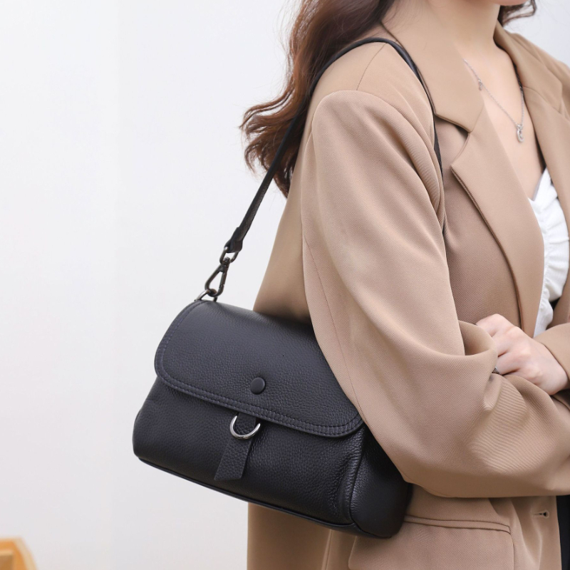 Women's Cow Leather Square Handbag Solid Versatile Head Layer Cowhide Multi Compartment Single Shoulder Underarm Bag