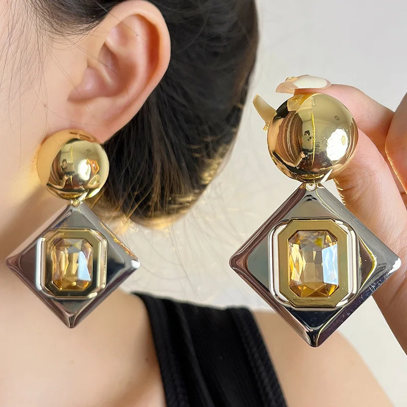 Exaggerated Fashion Glossy Metal Geometric Round Gold Color Silver Crystal Drop Earrings for Women Girls Jewelry Gifts 2024 241220