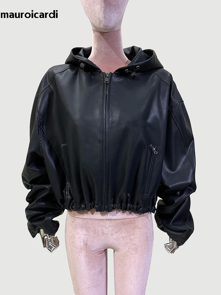 Mauroicardi Spring Cool Short Waterproof Black Pu Leather Jacket Women with Hood Long Sleeve Zipper y ner Clothes 241216