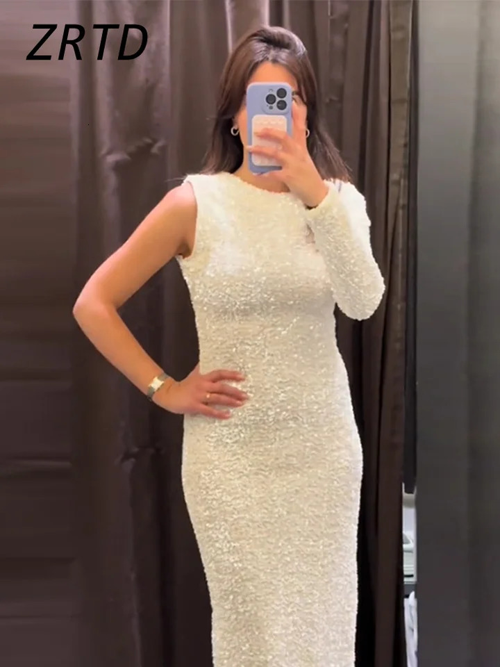 Elegant Sequined Long Party Dress Women Slim O-neck Detachable Full Sleeve Female Dresses Lady Solid Shining Evening Robe 241216