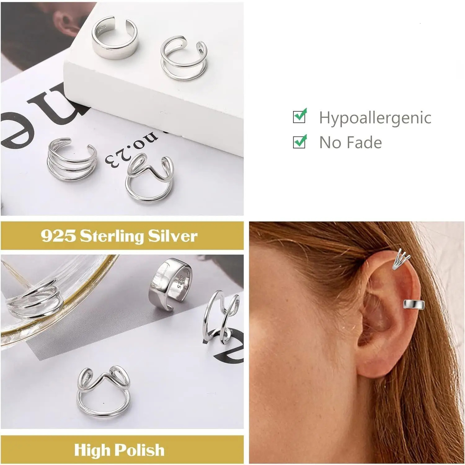 Fansilver 925 Sterling Silver Ear Cuffs for Women No Piercing Minimalist Helix Piercing Cartilage Cuff Earrings 4 Styles 241220