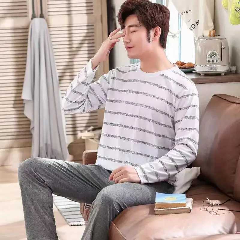 Mens sleepwear set long sleeved T-shirt+pants 2PCS set striped sleepwear for spring and summer comfortable sleepwear mens casual home wear W241221