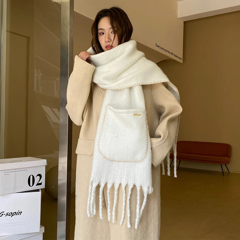 Cashmere Solid Colors Women Pocket Scarf Winter Shawl and Wrap Bandana Pashmina Tassel Female Foulard Thick Blanket 241220