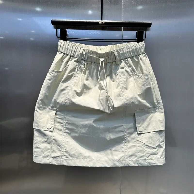 Summer A-shaped Bodycon Skirt lti-pocket Drstring Elastic Waist Casual Short Skirt Women Korean StyleXJ241221