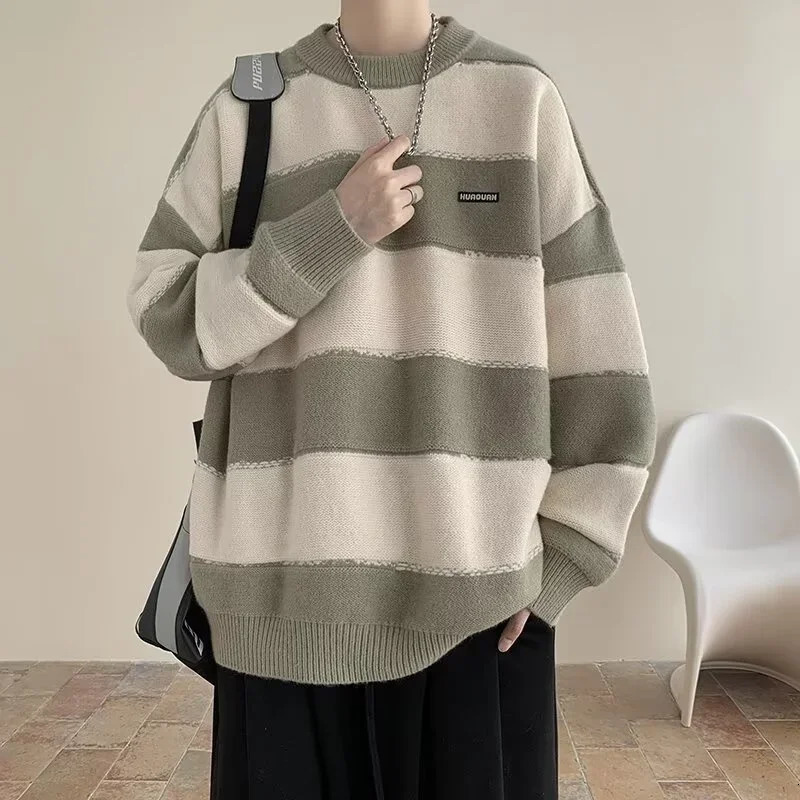 Autumn Appliques Patchwork Striped Sweater Male Y2K Vintage Pullover Knit Jumpers Winter Loose Knitwear pull homme 241220