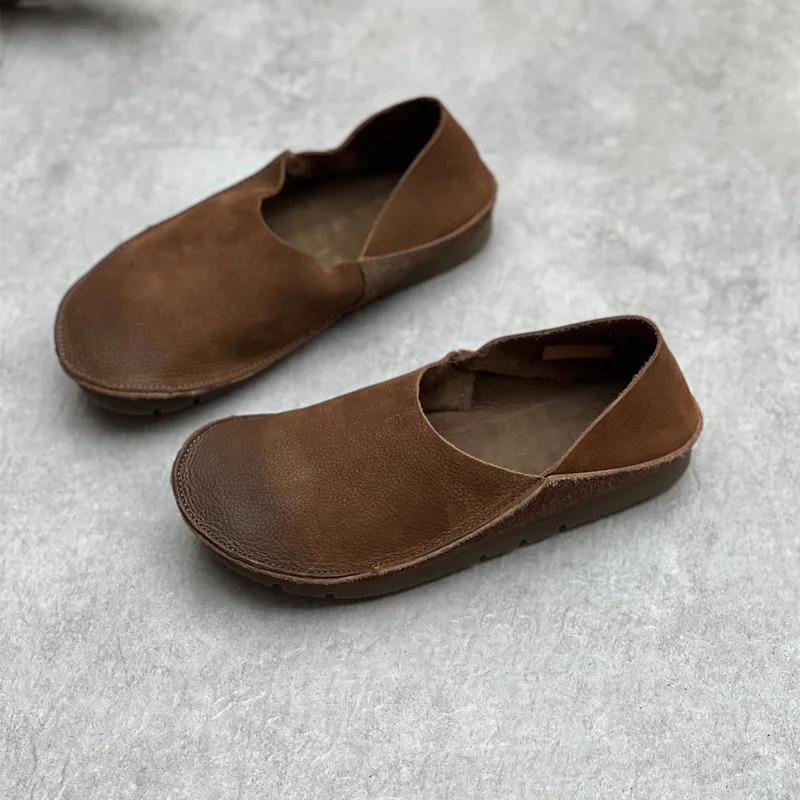 Johnature Retro Womens Genuine Leather Shallow Flat Shoes 2024 Handmade Soft Bottom Casual Round Sole Solid Color Loafers 241213