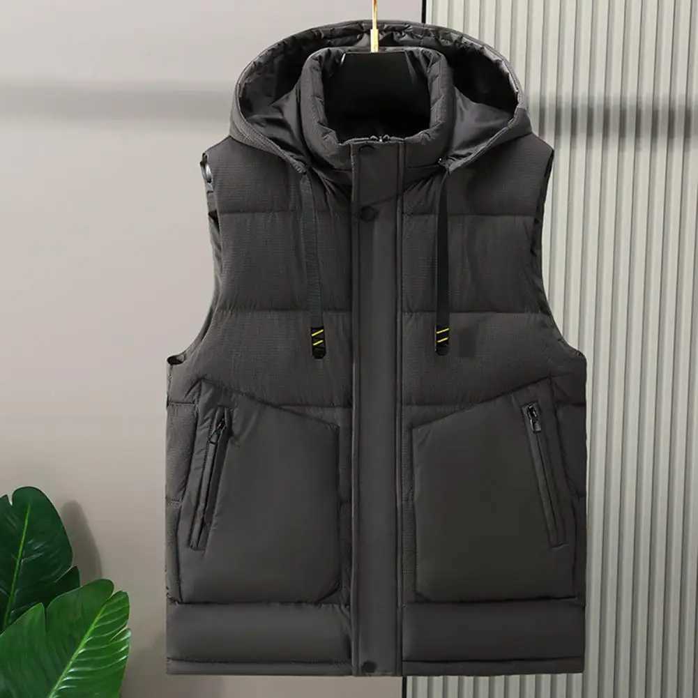 Autumn Winter Men Waistcoat Thick Padded Hooded Solid Color Sleeveless Cardigan Vest Windproof Pockets Drawstring Men Vest CoatXJ241221