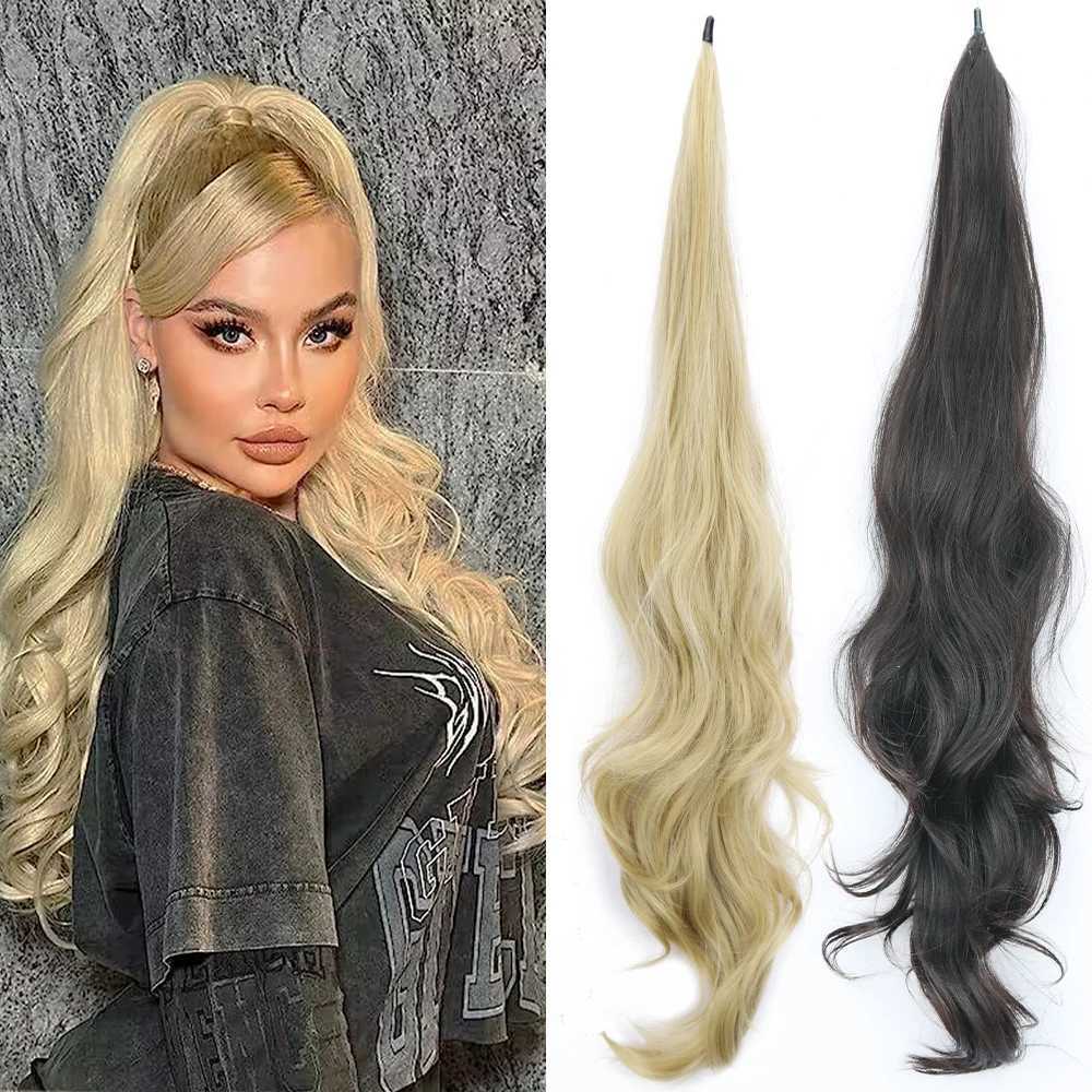 30Inch Synthetic PonyTail Wrap Around PonyTail Long Wavy Hair Extensions Black Blonde Hairpiece For WomenXJ241221