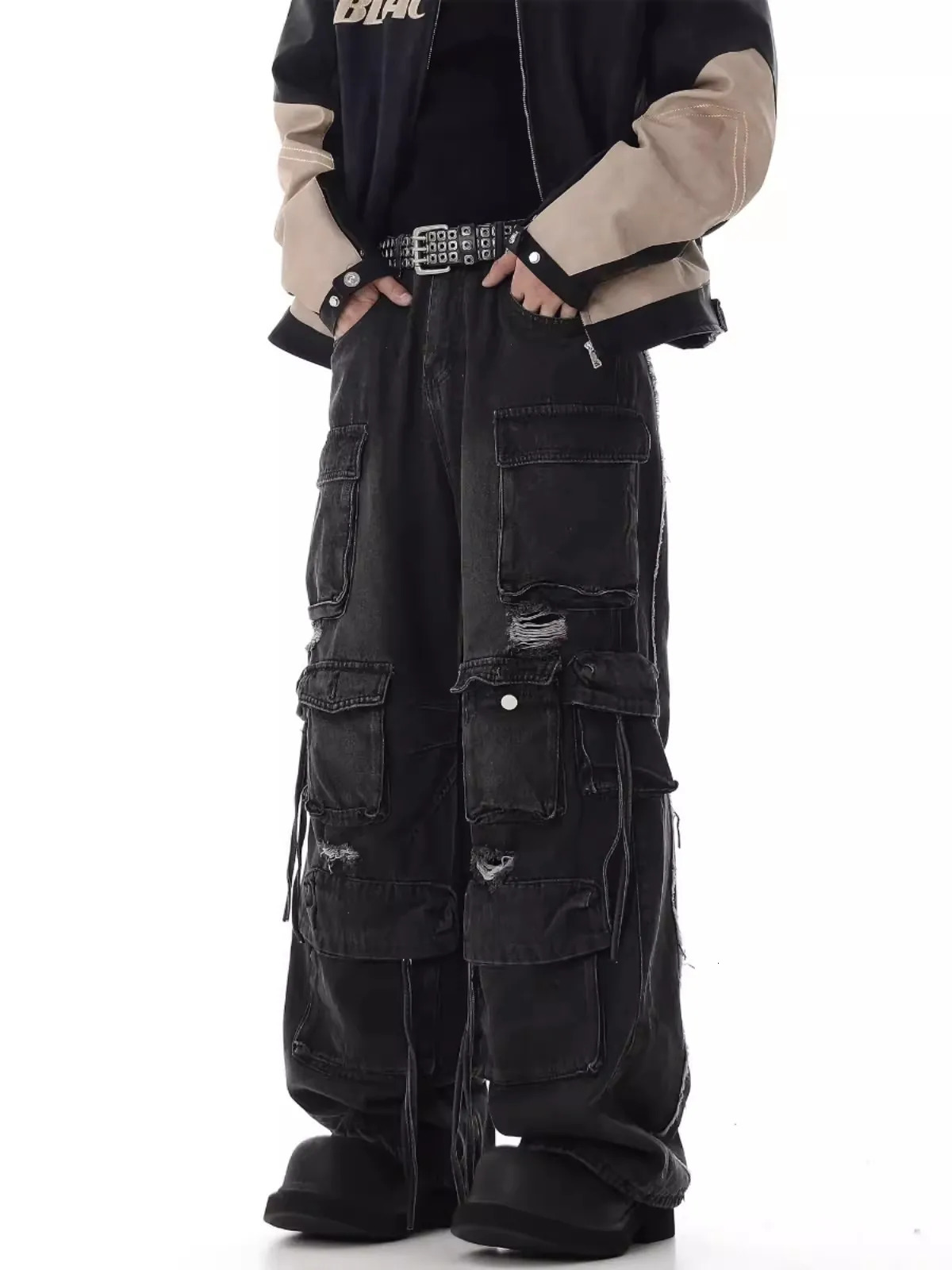Multi Pocket Cargo Jeans Hip Hop Streetwear Pants for Men Distressed Ripped Baggy Drop 241218