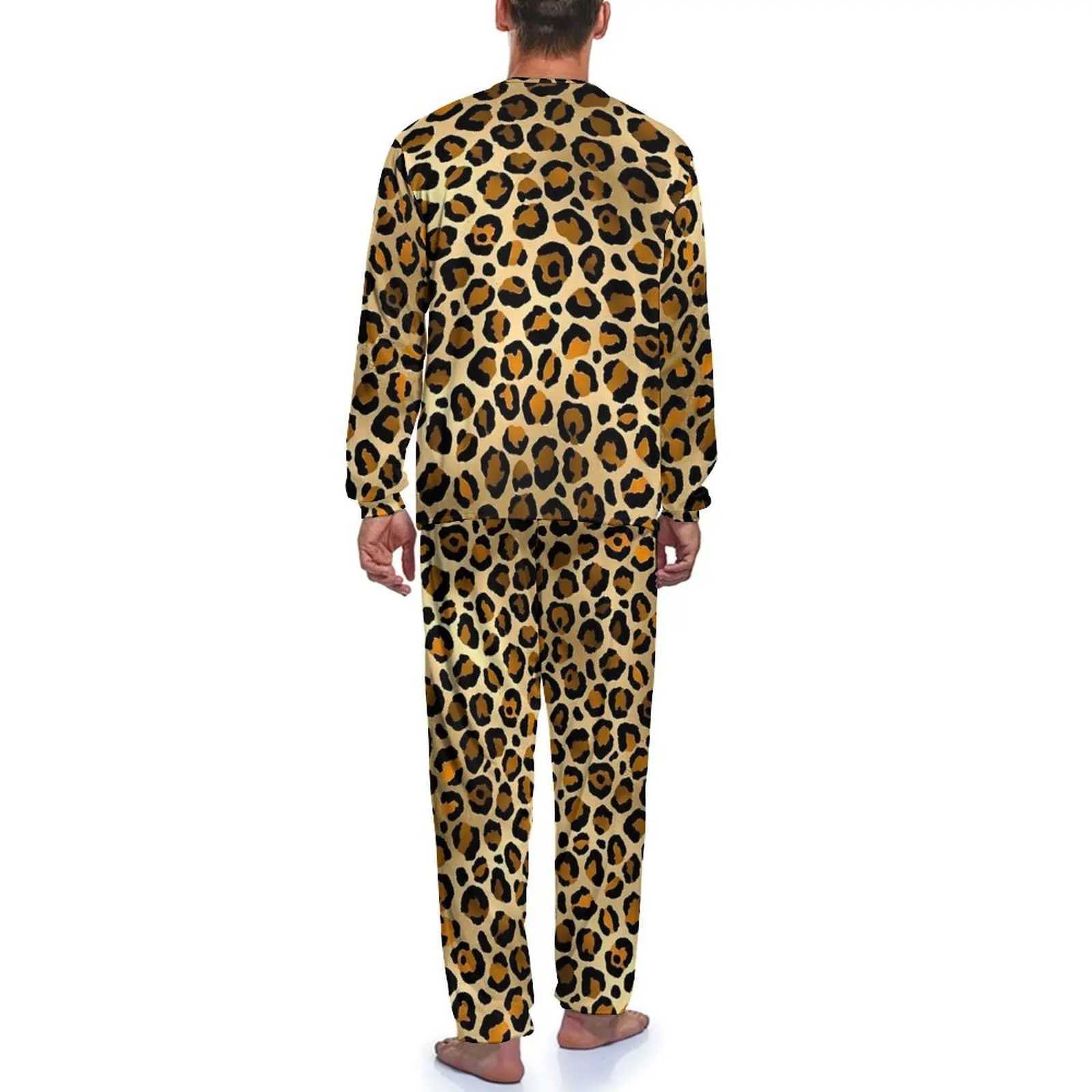 Orange leopard print pajamas for spring casual sleepwear mens 2-piece patterned long sleeved fashionable sleepwear set W241221