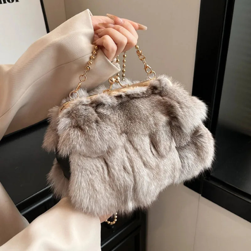 Winter Fox Fur Bag Womens Bag Fashion Handbag Ladies Bags Purses Women Shoulder Bag Silver Fox Fur Messenger Bags 241217