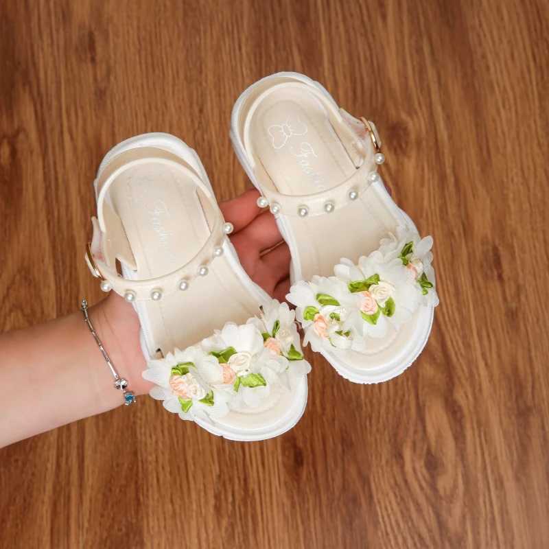 Sneakers Childrens Sandals Summer Princess Lace Bow 2024 New Girls High Heels Little Girls Soft Sole Sandals Black Pink H241221
