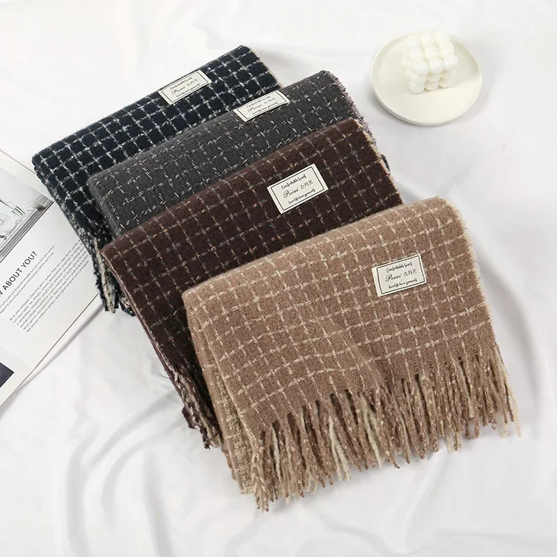 Elegant Retro Plaid Cashmere Winter Womens Knitted Scarf Thickened Plush Neck Warmer Shawl Patchwork Colors 241220
