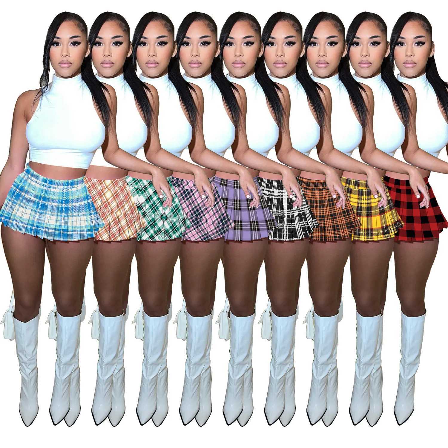 2024 Spring Fashion Womens Mini Pleated Skirts Sexy Club Y2k Accessories Plaid High Waist Stretchy Tennis Skater A-line OutfitsXJ241221