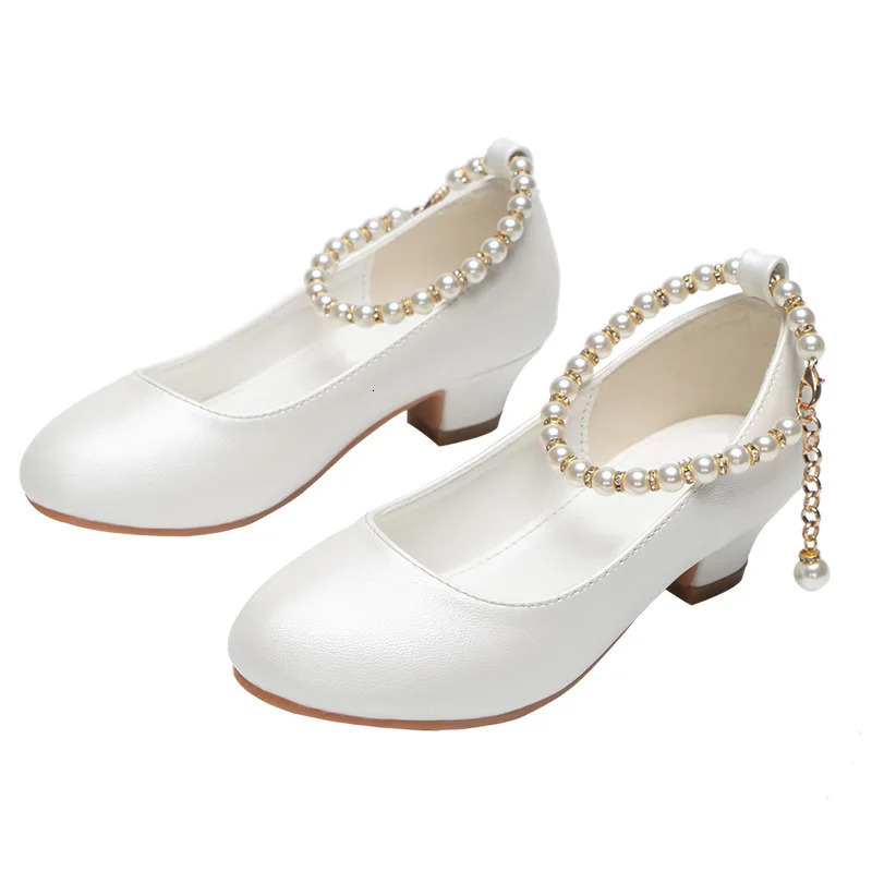 Girls High-heeled Leather Shoes Spring Childrens High-heeled Middle-aged Kids White Wedding Host Show Princess Dress Shoes 241217