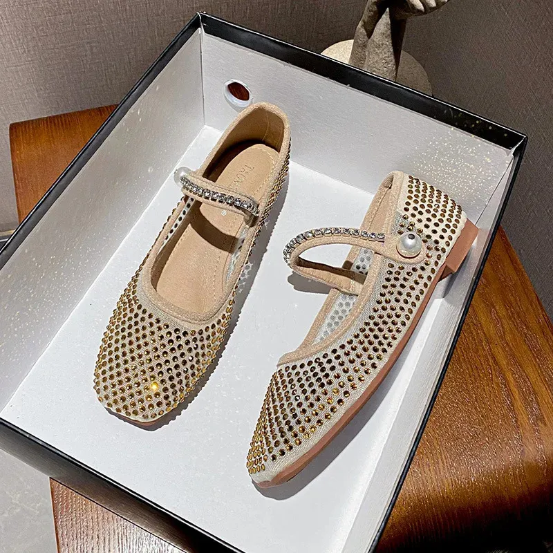 Spring Women Flat Shoes Fashion Crystal Mesh Square Toe Shallow Laady Ballet Flats Comfortal Rhie Mary Jane 240612 250313