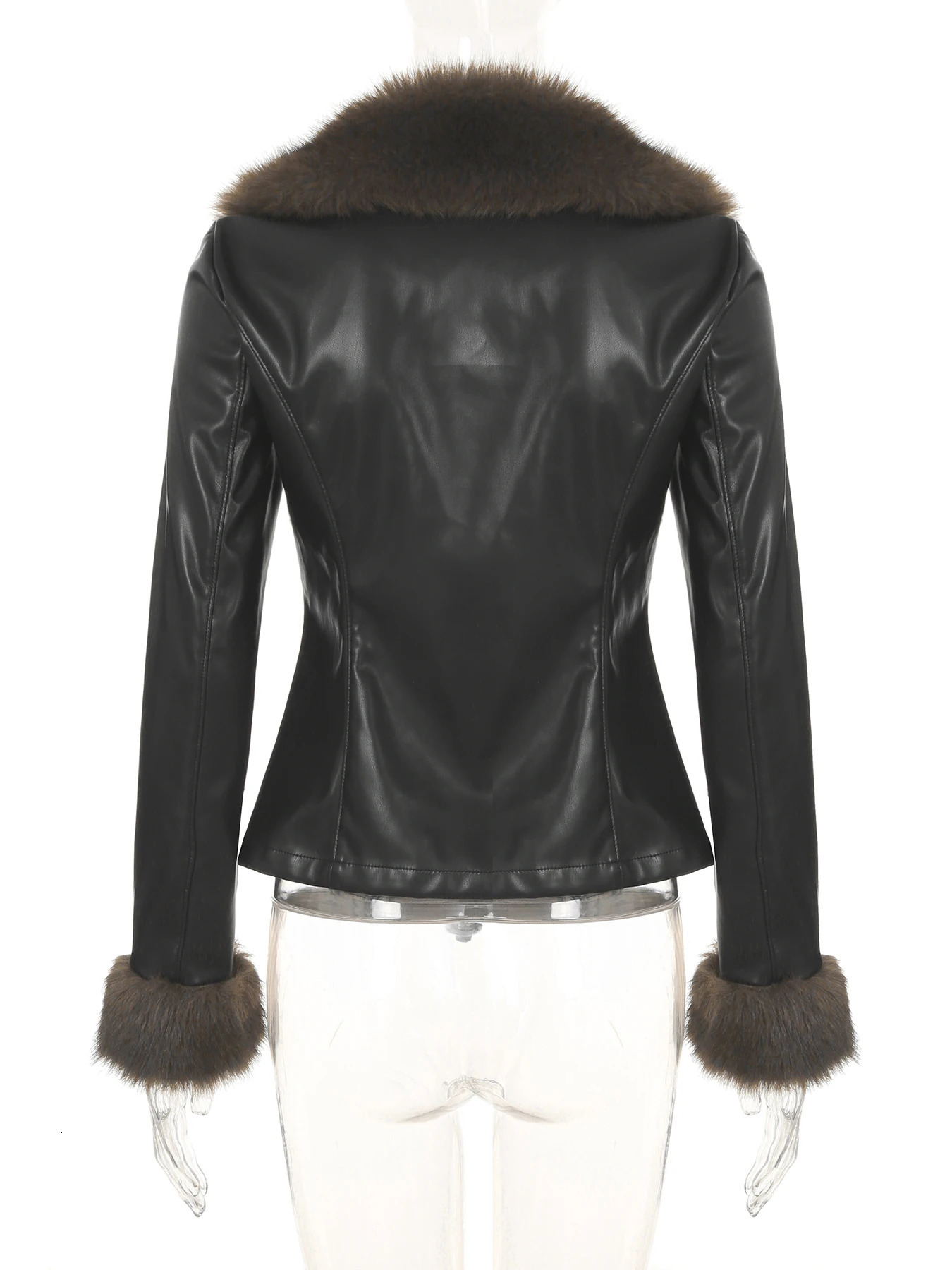 IAMSURE Casual Patchwork Fur Trim Pu Leather Jackets Slim TurnDown Collar Single Button Long Sleeve Coats Women Winter 241216