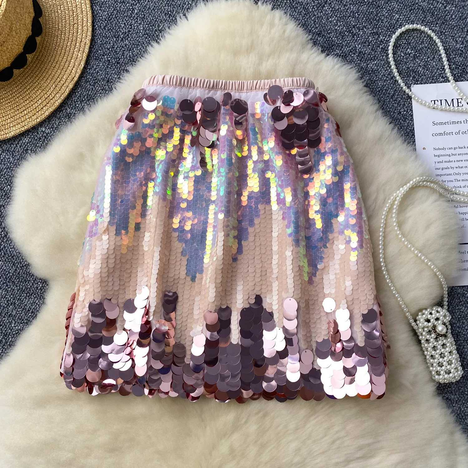 Women Chic Sexy Skirt color Sequin High Waist Korean Fashion Vintage Pencil Skirt Summer Clothing Short SkirtsXJ241221