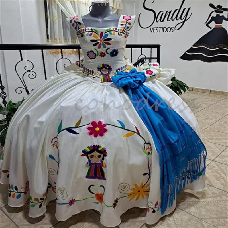 White Mexican Quinceanera Dress Charro Embroidery Flower Birthday Vestio De Novia Vestidos De 15 Anos Xv Debutante Traditional Pageant Party Dress 202