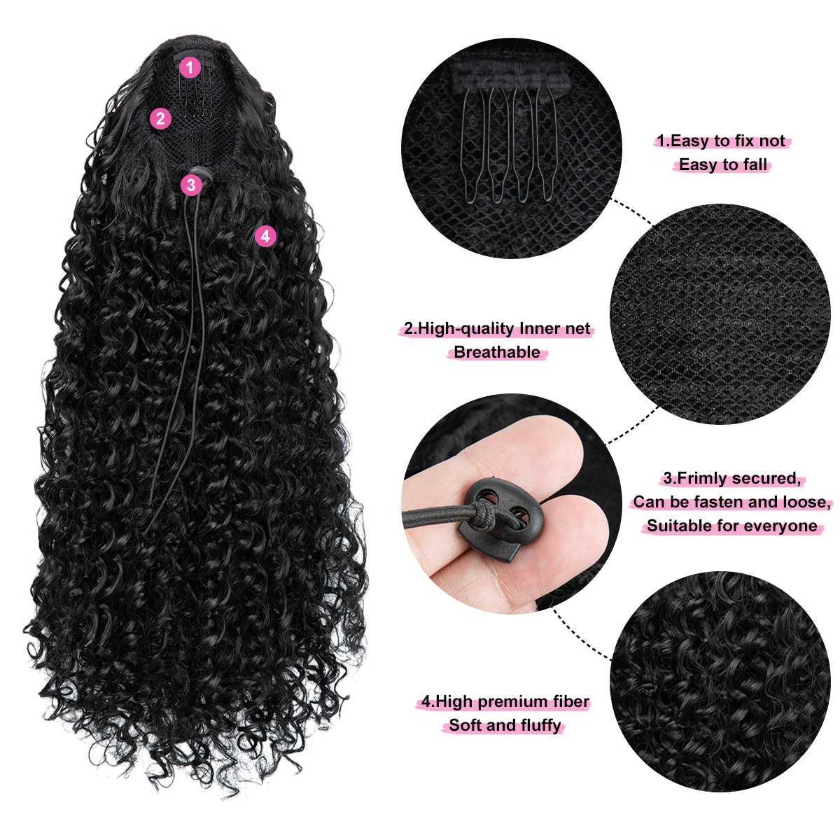 Synthetic Afro Kinky Curly Drawstring Ponytail 16 Inch Clip In Natural Hairpiece Pony Tail For WomenXJ241221