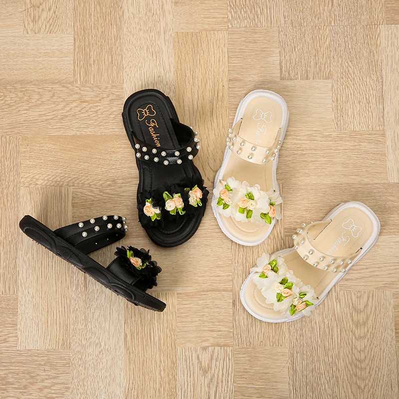 Sneakers Trendy Cute Flower Pearl Decor Open Toe Slippers For Girls Breathable Lightweight Wear-resistant Slippers For Indoor All Seas H241221