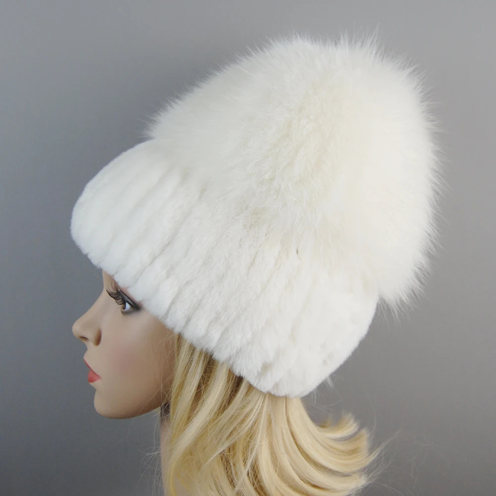 Russia Lady Winter Real Fur Hat Women Warm Knitted Genuine Rex Rabbit Fur Hat Top Natural Fox Fur Bomber Caps Rex Rabbit Fur Cap 241214
