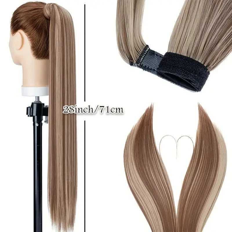 Snoilite Synthetic Long Straight Ponytail Extensions 28 Inch Wrap Around Light Golden Brown Ponytails Hair Piece Pony Tail HairXJ241221