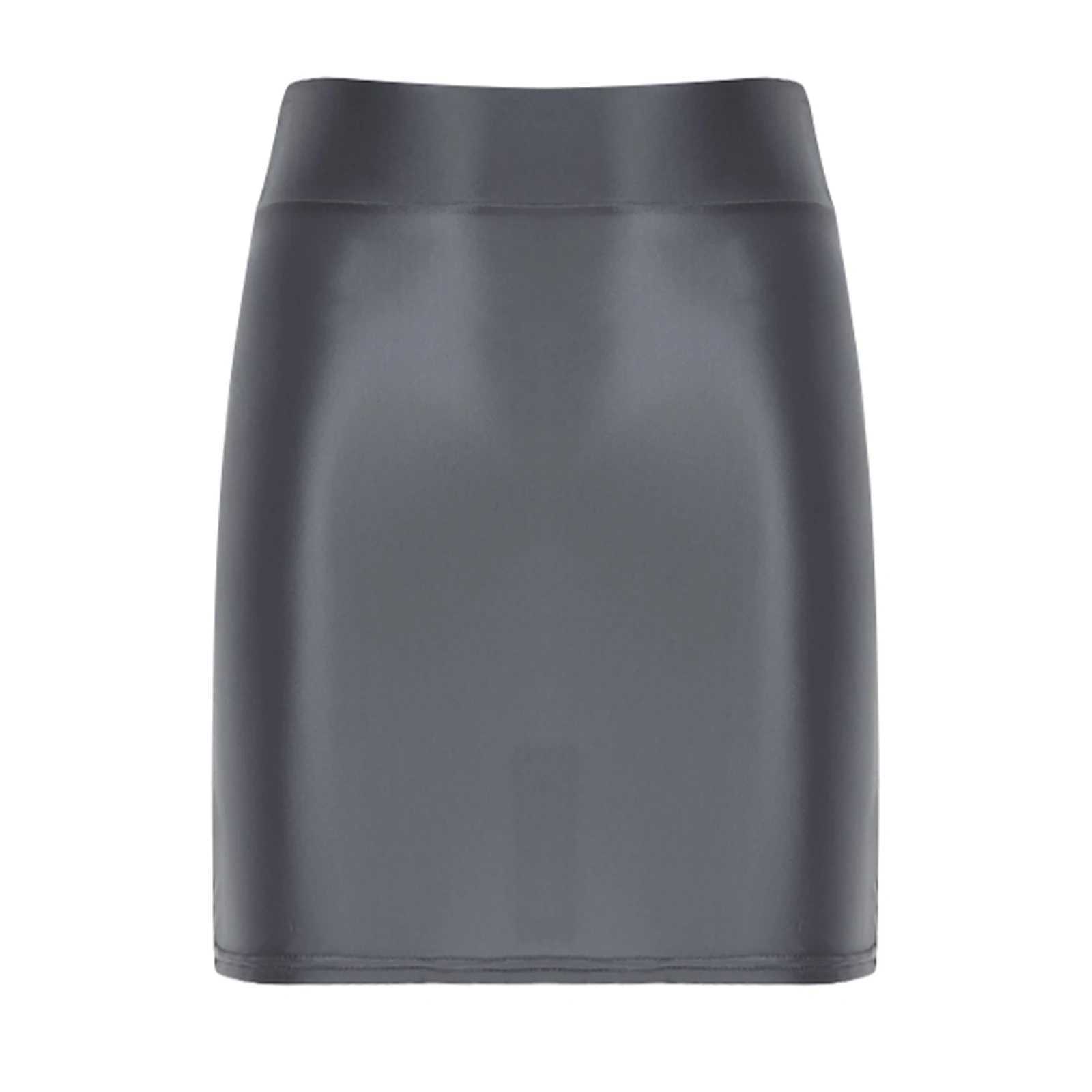 Womens Glossy Oil Solid Color Stretch Pencil Mini Skirt Casual High Waist Elastic Waistband Short Miniskirt Rave Party ClubwearXJ241221