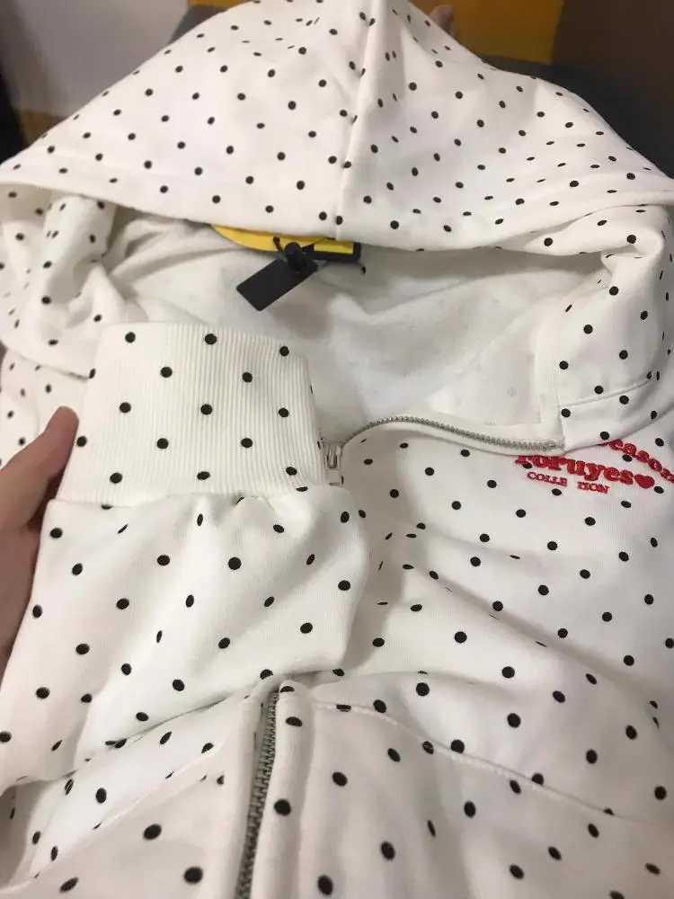 Vintage White Polka Dots Cotton Embroidered Long Slve Hooded Cardigan Zipper Sweatshirt Coat 2024 Autumn Women Oversized TopsC241221