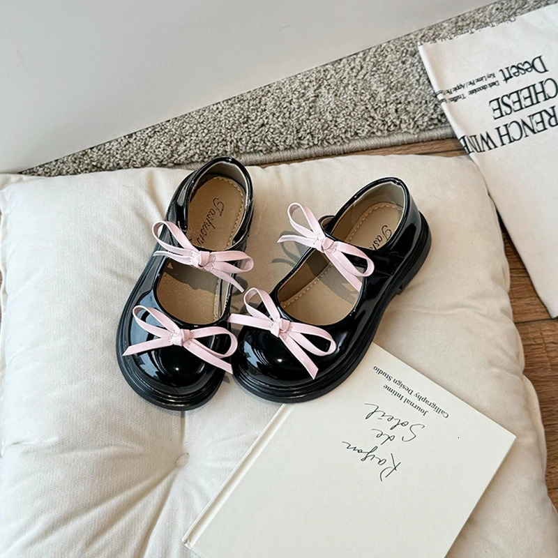 Spring Girls Mary Janes Sliver Black Bowknot Elegant Kids Leather Shoes Chunky Round Toe Beautiful Chic Children Flat Shoe26-36 241220