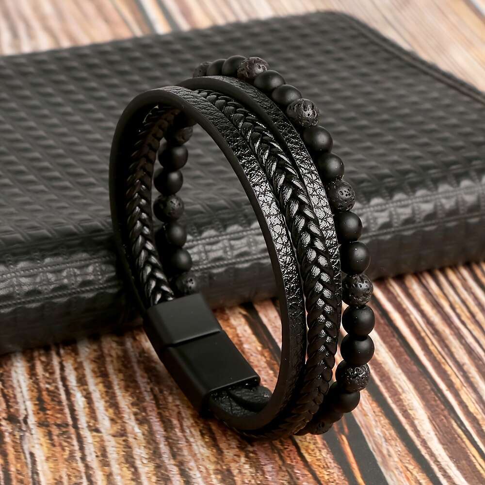 LALAVARA 1pc Fashion Layered Handmade Braided Leather Tiger Eyestone Beaded Characteristic Punk Bracelet, Father's Day Gift